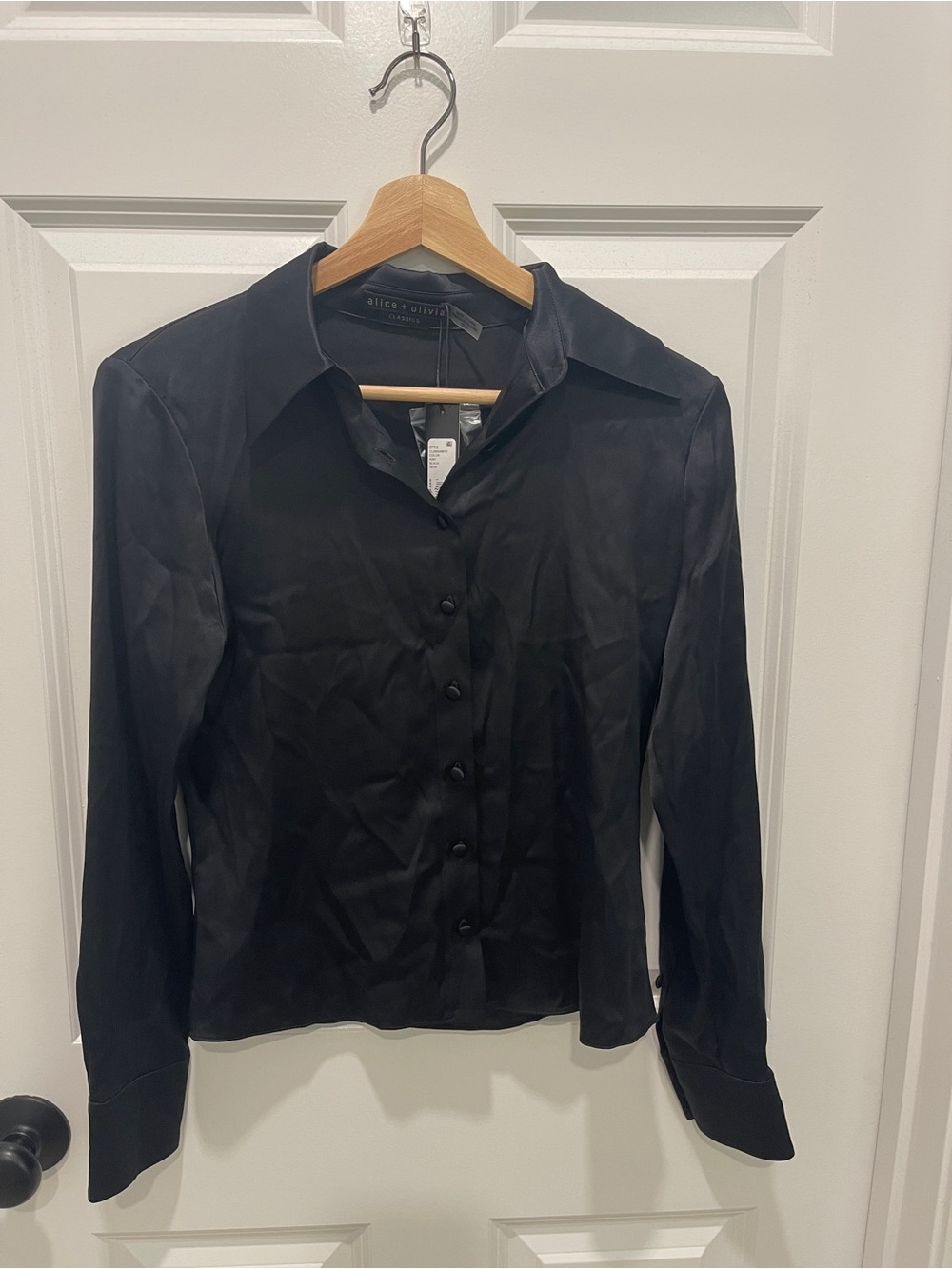 NWT Alice + Olivia Black Satin Button-Up Blouse